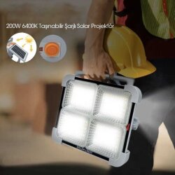 200W Taşınabilir Şarjlı Güneş Enerjili Solar Projektör 6400K - 6